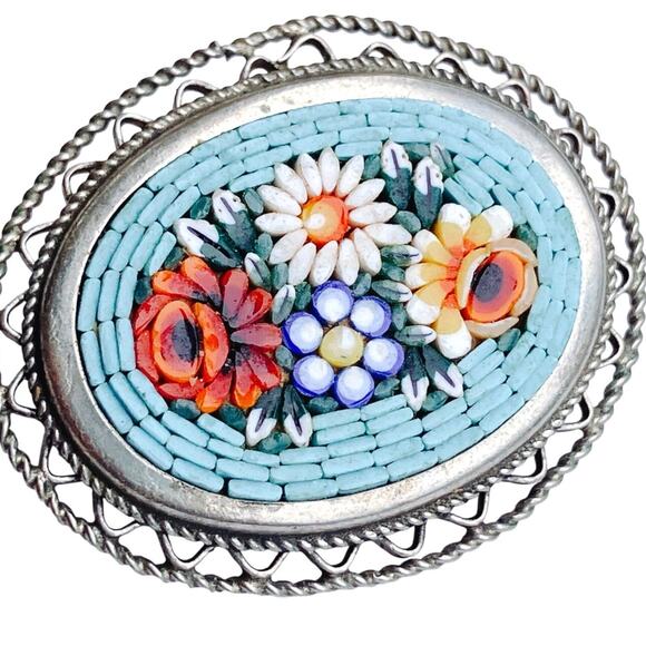 VTG Mid Century Micro Mosaic Brooch Floral Italy Souvenir Alpaca Glass Pin 1950s - Picture 1 of 10